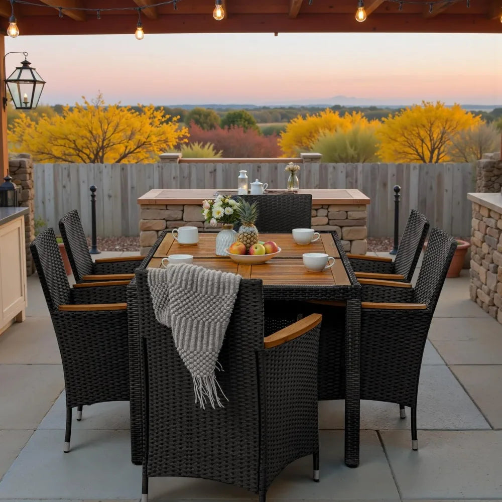 7 piece outdoor patio dining set, conversation set, 1 table and 6 rattan chairs, curved acacia wood armrests and cushions, black