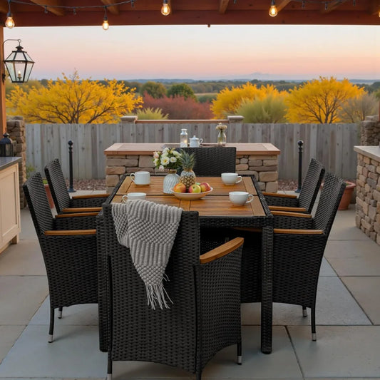 7 piece outdoor patio dining set, conversation set, 1 table and 6 rattan chairs, curved acacia wood armrests and cushions, black