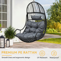 Swing Egg Chair, Indoor/Outdoor Egg Swing Hammock Chair with Iron Chain, Cushion, Headrest, Hanging Egg Chair for Porch, Gray