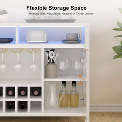 Fluted Home Bar Wine Cabinet with LED Light, Charging Station, Wine Rack - Buffet Cabinet with Storage, Coffee Bar Table