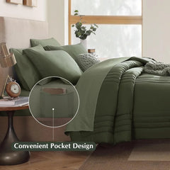 King Size Comforter Set - 7 Pieces Bed in a Bag King, Olive Green Bedding Sets with Comforter, All Seasons Down Duvet Cover Sets