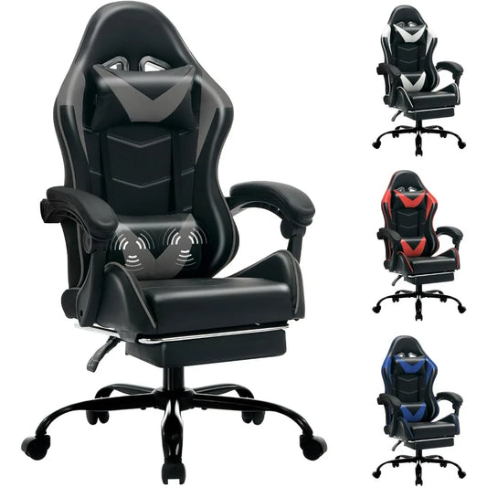 Gaming chair with footrest, lumbar support massager, metal legs, high back reclining, headrest, 360° swivel