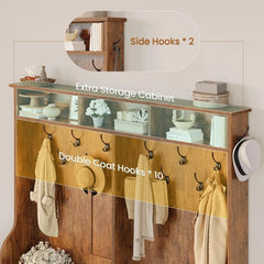 Hall Tree with Bench and Shoe Storage, 5-in-1 Entryway Bench with Coat Rack, 16 Shoe Cubbies & 12 Coat Hooks, Barn Door & Adjus