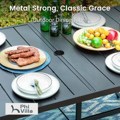 7 Piece Patio Dining Table Set with Cushion, Large Rectangular Metal Dining Table with Umbrella Hole & 6 Cushioned Iron Chairs