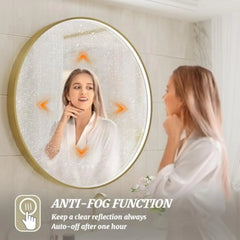 32 英寸 Round Led Bathroom Mirror, Gold Metal Framed Lighted Mirror for Bathroom, Wall Mouted Led Vanity Mirror with Lights, 3