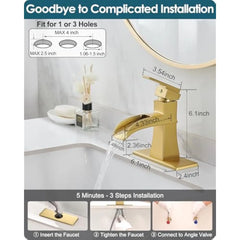 Gold Bathroom Sink Faucet 1 Hole, Brass Waterfall Faucet for Bathroom Sink, Gold Pop up Drain with Anti-Clogging Removable Stop