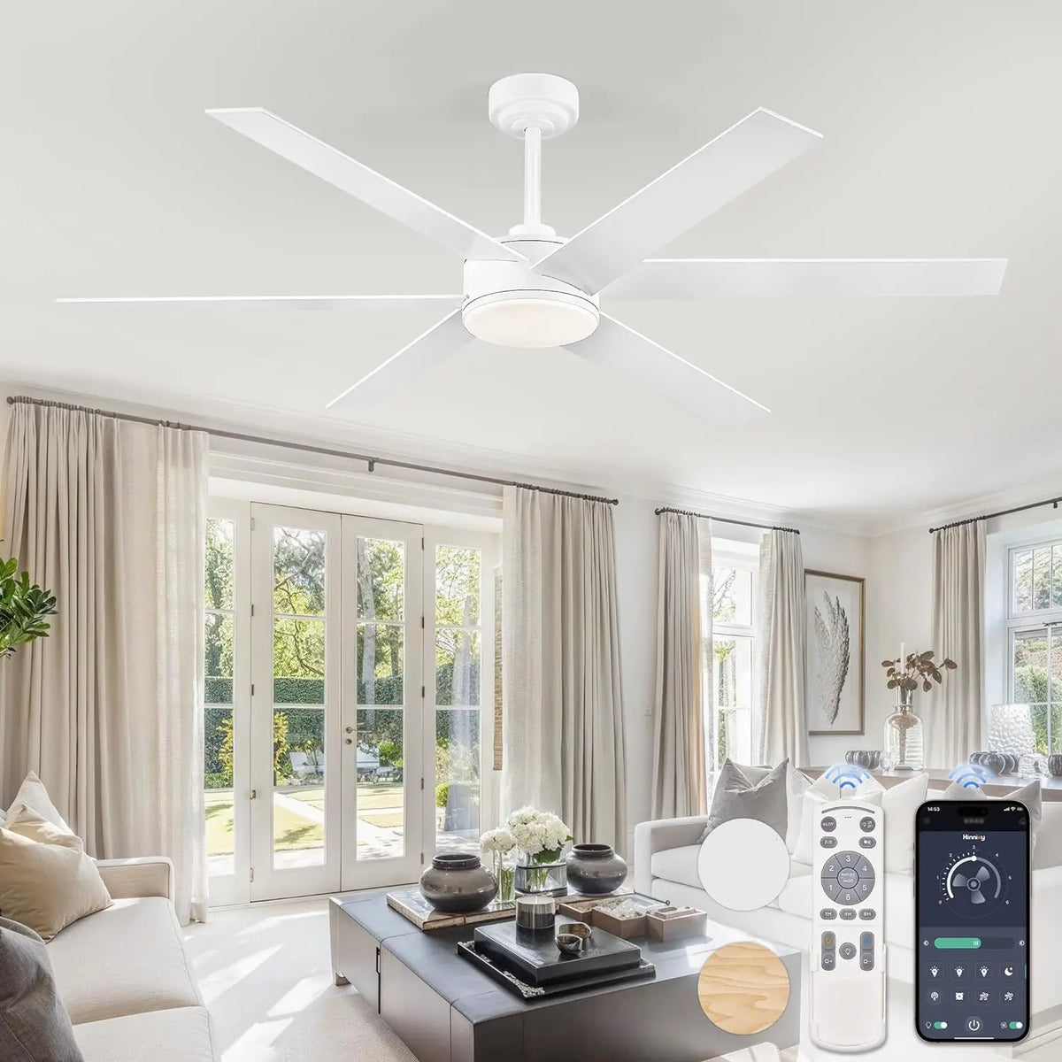 60 Inch Ceiling Fans with Lights and Remote, Reversible 6 Blades & Dimmable 3-Color Outdoor Ceiling Fans for Patios