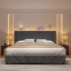 EnHomee King Size Bed Frame with Velvet Headboard and LED Lights, Storage Headboard Platform Bed with Charging Station, Sturdy W