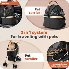 Dog Stroller, Cat Stroller – Zipperless Entry, Easy Fold with Removable Liner, Storage Basket + Cup Holder, Black