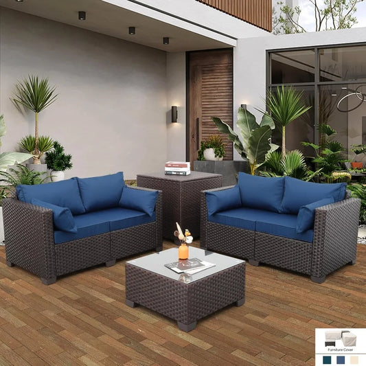 Outdoor Courtyard Furniture Set, Willow Sofa with Cushions and Coffee Table, Garden Outdoor Sofa Set, 4 Pcs