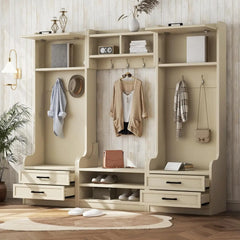 Wide Hall Tree with Storage Bench, Wood Coat Rack with Cabinet and 7 Hooks, Mudroom Organizer with Shoes Storage Cubbies