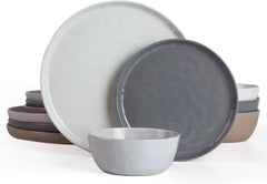 Dinnerware Sets for 4, Ocean Round 12-Piece Kitchen Plates and Bowls Sets, Reactive Glaze, Microwave and Dishwasher Safe,