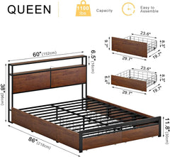 Queen Bed Frame with Storage Headboard and 4 Drawers Bed Frame Queen Size with Charging Station LED Lights Metal