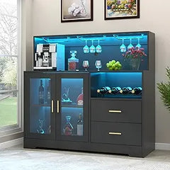 Wine Bar Cabinet with LED Light, Home Coffee Cabinet with Wine and Glass Rack, Kitchen Buffet Sideboard with Storage Cabinet&Dra