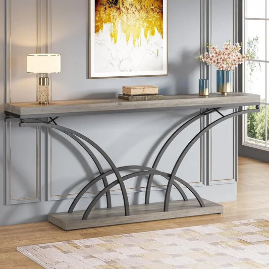 70.9 Inch Extra Long Console Table for Entryway, Gray Sofa Table with Wood Tabletop, Modern Accent Tables with Half-Moon Shape