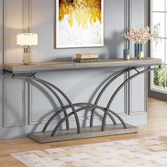 70.9 Inch Extra Long Console Table for Entryway, Gray Sofa Table with Wood Tabletop, Modern Accent Tables with Half-Moon Shape