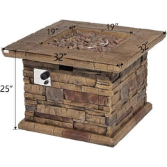 Outdoor Propane Fire Pit Table w Faux Ledgestone 32-inch Square Fire Table, 50,000 BTU Stainless Steel Burner, Free Lava Rocks