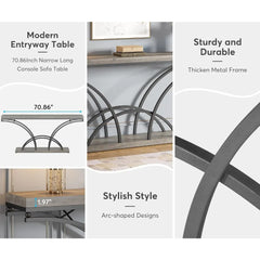 70.9 Inch Extra Long Console Table for Entryway, Gray Sofa Table with Wood Tabletop, Modern Accent Tables with Half-Moon Shape