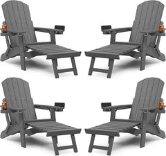 Adirondack Chair with Ottoman Set of 4, Adjustable Backrest Adirondack Chairs, Folding Outdoor Fire Pit Chair with 2 Cup-Holders