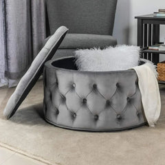 28" Round Velvet Storage Ottoman, Tufted Footrest Stool & Coffee Table for Living Room (Grey)