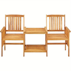 Garden Chairs with Tea Table 62.5"x24"x36.2" Solid Acacia Wood, 2 Person Outdoor Wood Patio Furniture Dining Set