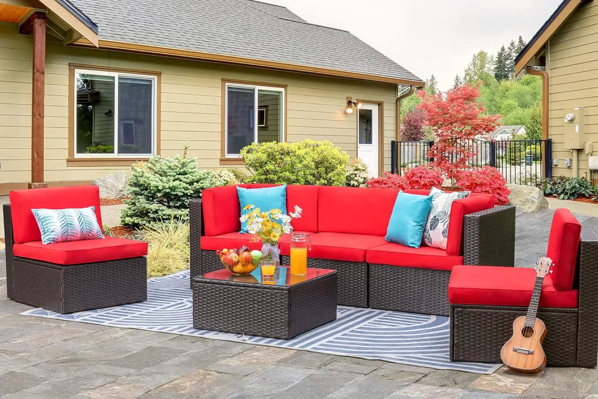 6 Piece Small Patio Furniture Sets, All Weather PE Wicker Rattan Outdoor Sectional Sofa with Glass Table, Cushions and Pillows