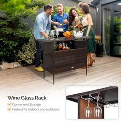 Wicker Outdoor Bar Table with 2 Steel Shelves, Sets of Rails, Rattan Patio Storage for Backyard, Poolside, Garden