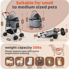 Dog Stroller, Pet Stroller, Cat Stroller – Zipperless Entry, Easy Fold with Removable Liner, Storage Basket + Cup Holder (Gray)