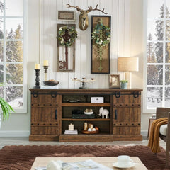 Farmhouse 75" TV Stand for 80 85 Inch TV, Rustic Media Console Table with Sliding Barn Door, Large Highboy Entertainment Center