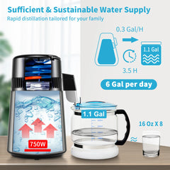 SucceBuy 4L Water Distiller Purifier Filter 1L/H Distilling Speed Dispenser Drinking Bottle Softener Touch Screen Home Appliance
