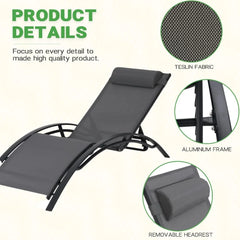 Aluminum Outdoor Chaise Lounge Set of 3,Patio Textilene Lounge Chairs w/Metal Table&Headrest,Sunbathing Recliner