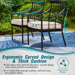 7 Piece Patio Dining Table Set with Cushion, Large Rectangular Metal Dining Table with Umbrella Hole & 6 Cushioned Iron Chairs
