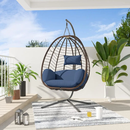 Egg Swing Chair Wicker Rattan Hanging Chair with Stand 350lbs Capacity W/Strong Frame & Dark Blue Cushions, Hammocks