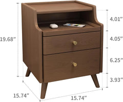 Solid Wood Nightstand with Drawers, Walnut Bedside Table for Bedroom