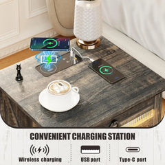 Bedside Table Set of 2 with Charging Station, LED Night Stand with Gun Drawer, Farmhouse Nightstands for Bedroom, End Table Rust