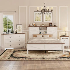 3-Pieces Bedroom Sets Queen Size Farmhouse Platform Bed，Double Sliding Door Storage Headboard,Storage Nightstand and Dresser