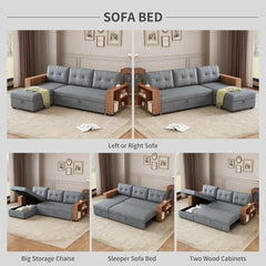 Pull-Out Couch with Storage Chaise and Armrests, Convertible Sectional Sleeper Sofa Bed with Removable Back Cushions