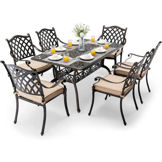 7 Piece Cast Aluminum Outdoor Dining Set Retro Patio Dining Set for 6 Includes  Rectangular Table and 6 Chairs with Removable