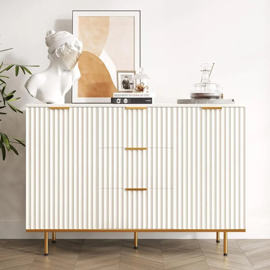 Modern Sideboard Cabinet with Fluted Doors, Gold Legs and Handle - Buffets & Sideboards for Elegant Living Spaces