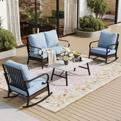 4 Piece Metal Outdoor Patio Furniture Set, Patio Conversation Sets 2-Seater Sofa, 2 Single Sofa and Coffee Table