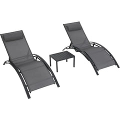 Aluminum Outdoor Chaise Lounge Set of 3,Patio Textilene Lounge Chairs w/Metal Table&Headrest,Sunbathing Recliner