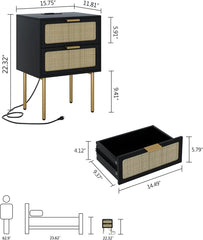 Nightstand with Charging Station, 2 Drawer Dresser for Bedroom, Small Bedside Table