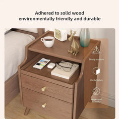 Solid Wood Nightstand with Drawers, Walnut Bedside Table for Bedroom