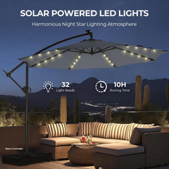 10ft Solar Lights Offset Cantilever Patio Umbrella - with Light and Base, LED Lighted Offset Hanging Patio Outdoor Market