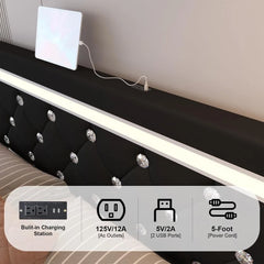 Queen Size Bed Frame with 4 Drawers, Adjustable LED Headboard, PU Leather Upholstered Storage Platform Bed with USB Charging Station