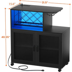 Wine Bar Cabinet with Wheels, Small Liquor Cabinet with LED Light, Coffee Bar with Wine Rack, Home Bar Cart with Power Outlets
