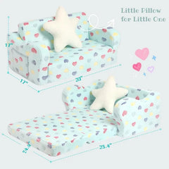 Extra Wider Seating Toddler Couch, 2-in-1 Soft Couch Fold Out with Star Pillow, Convertible Sofa to Lounger for Girls and Boys