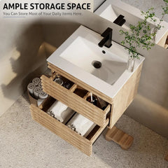 24" Floating Bathroom Vanity with Sink Combo Mid-Century Wall Mounted Cabinet with Wood Stripes Decor, Drawers, Undermount Sink