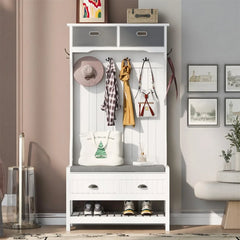 Hall Tree with 4 Metal Hooks, 2 Sliding Drawers, Top Shelves and Shoes Storage Shelf, Hallway Coat Rack Entryway Bench