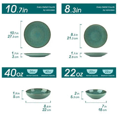 16-Piece Dinnerware Set - Round Plates & Bowls in Green & Grey